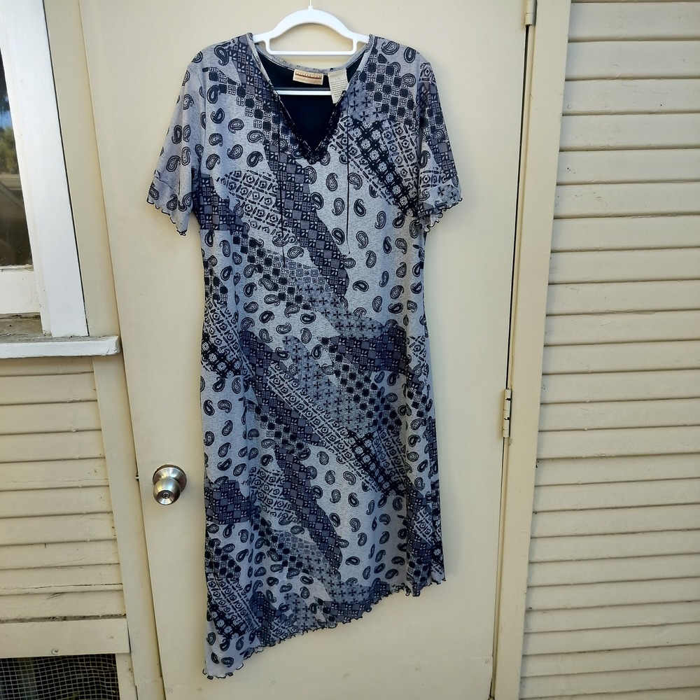 Expressions Y2K Vintage Paisley Patchwork Print Gray Black Dress Asymmetrical‎